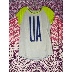 Under Armour Shirt White Yellow Blue Girls Youth Size XL Loose Fit Heat Gear
